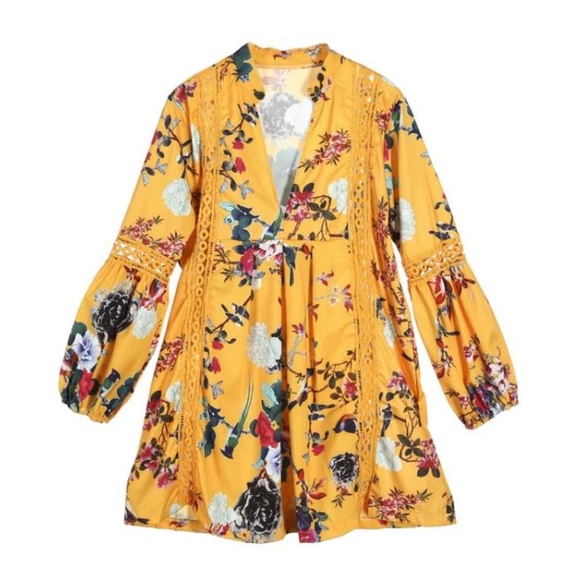 M LEFT Boho Floral Long Sleeve Mini Dress - Picture 7 of 7